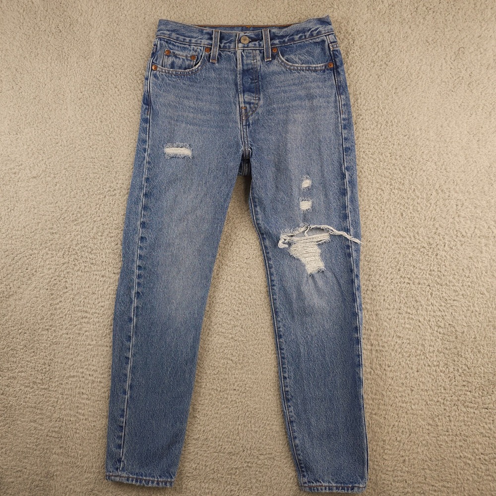 Levis Wedgie Jeans Women 26 Blue Premium Denim Big E Button Fly Distressed Denim